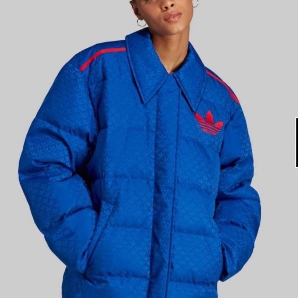 Adidas Women's Blue Puffer Jacket with Red Accents